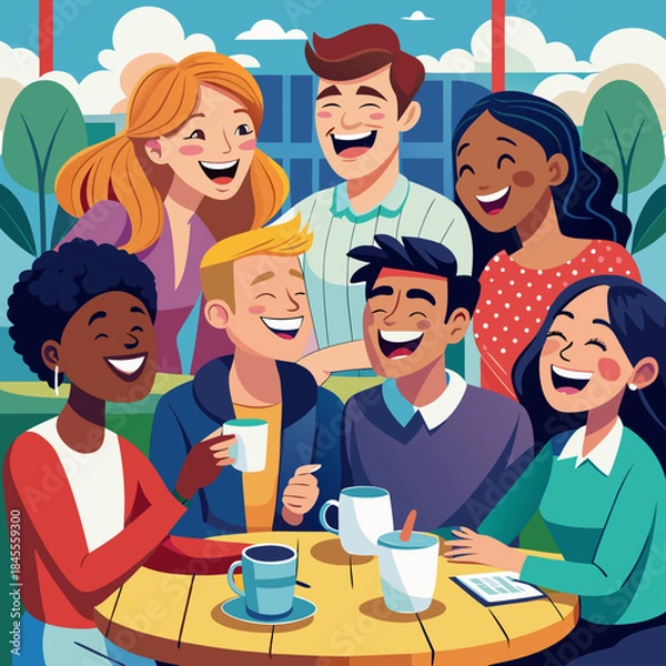 Obraz Diverse group of friends laughing at a café, clean vector style.