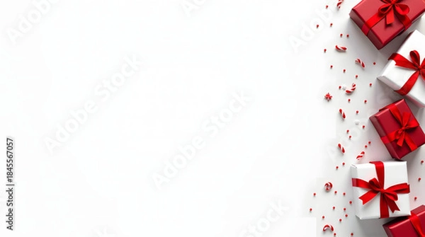 Fototapeta Christmas Decorative Background with Red Gift Boxes Vertical Border and Clean White Copy Space