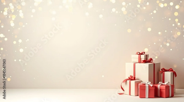 Fototapeta Christmas Decorative Background with Red Gift Boxes Golden Sparkle and Festive Copy Space
