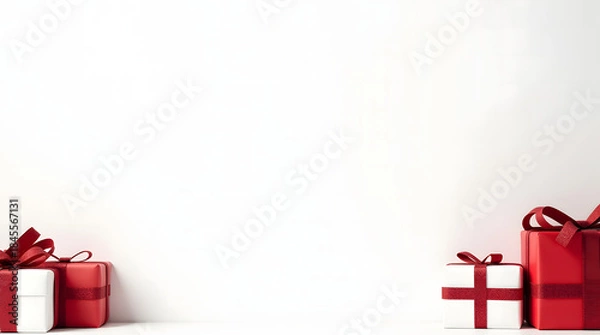Fototapeta Christmas Decorative Background with Red Gift Boxes Corner Composition and Empty Space
