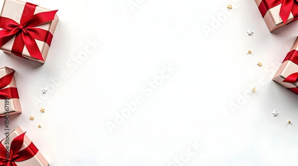 Fototapeta Christmas Decorative Background with Red Gift Boxes Minimal Border and Clean White Space