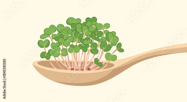 Fototapeta Fresh microgreens piled on a wooden spoon ready to brighten soups salads and sandwiches with vibrant greens and crisp tender stems in a simple kitchen scene.