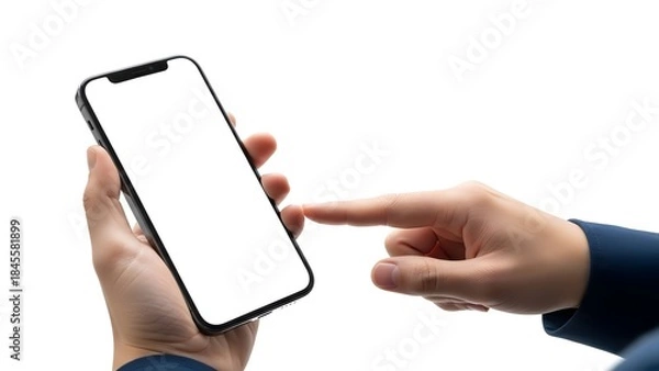 Fototapeta Hand holding a modern smartphone with a blank white screen and finger pointing