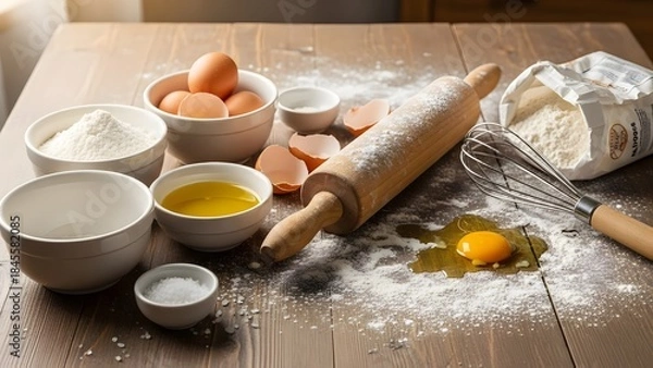 Fototapeta Rustic baking preparation with flour eggs and rolling pin