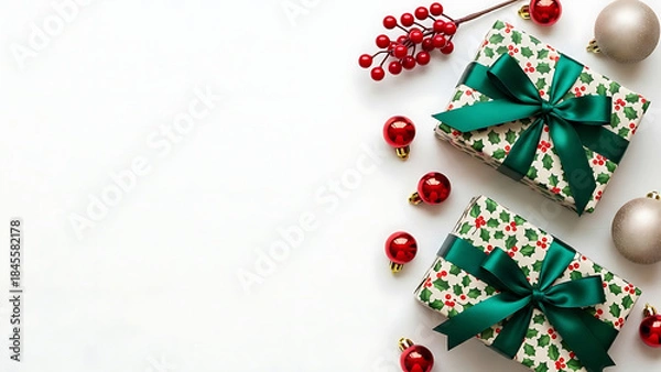 Fototapeta Elegant christmas gift boxes with holly pattern and festive decorations on white background