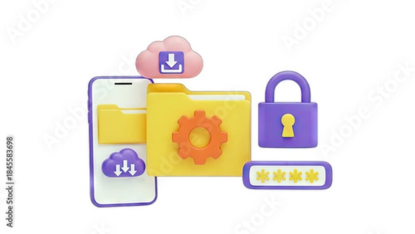Fototapeta Cloud Data Security: Smartphone, Folder, Lock, Password