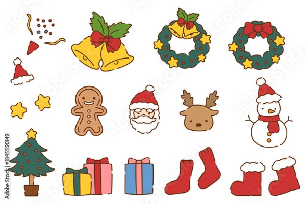 Fototapeta 手描き風のかわいいクリスマスイラスト素材セット