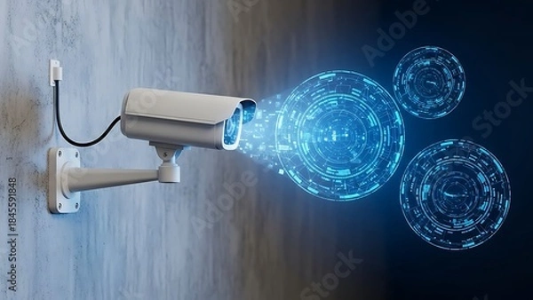 Fototapeta Security camera monitoring digital data flow and network security concept