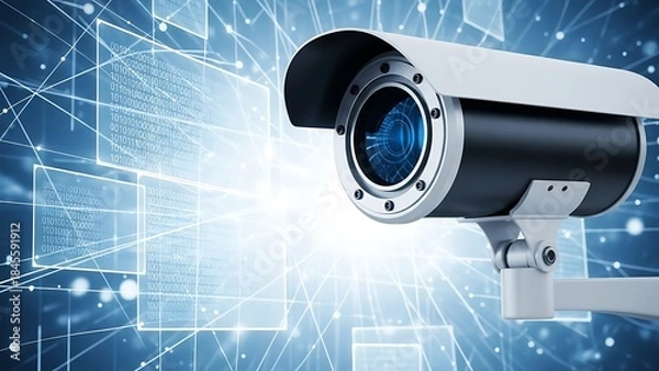 Fototapeta Cctv security camera monitoring system with digital network data overlay