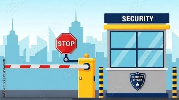 Fototapeta Security checkpoint with barrier gate, stop sign, and guard booth illustration