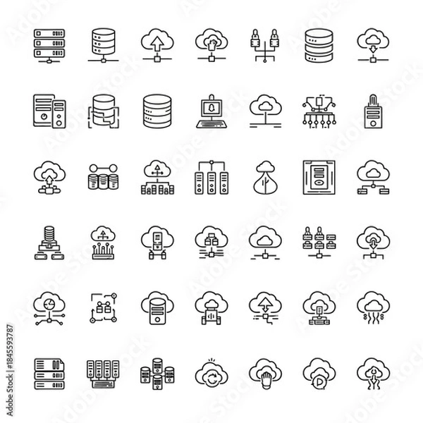 Obraz Outline Icons Set for Cloud Computing, Data Storage, Servers, and IT Network Infrastructure Concepts.