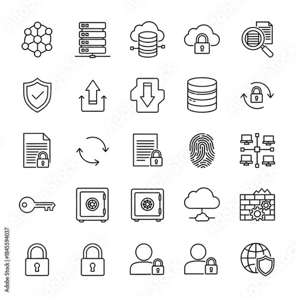 Obraz Data Security, Network Protection, and Database Management Line Icons Set.