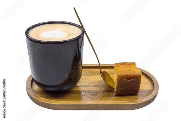 Fototapeta cup of aromatic coffee with a piece of biscuit on a wooden tray isolated on white background