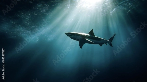Obraz Ocean Shark Swimming Deep Water Sun Rays Marine Life
