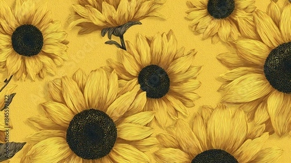 Obraz Golden Sunflower Blossom Pattern with Bird
