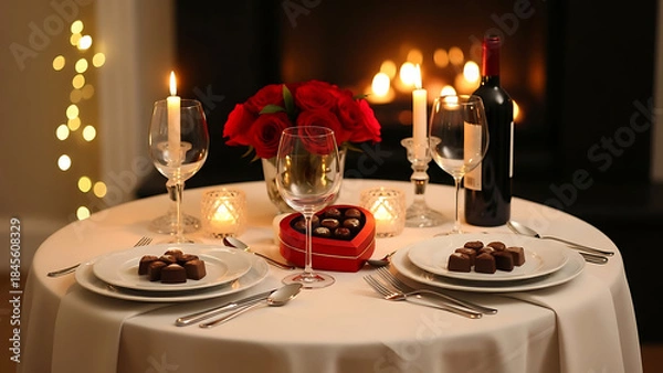 Obraz A romantic dinner setup with candles, red roses, and chocolates