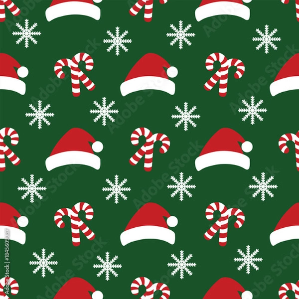 Obraz Christmas seamless pattern with santa hat, candy cane and snowflake.