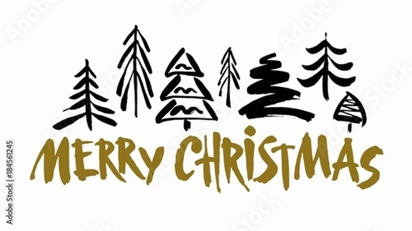 Obraz Merry Christmas text. Black and gold brush calligraphy on white background with abstract christmas trees
