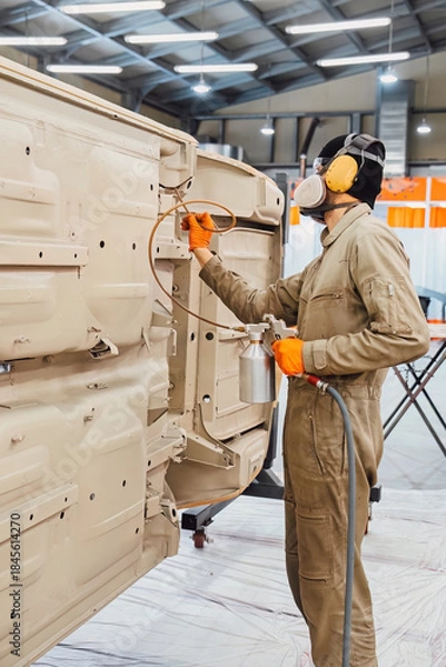 Obraz Specialist spraying anti rust sealant into the hidden chassis cavities. Protection against corrosion and internal body element sealing in a professional auto service shop