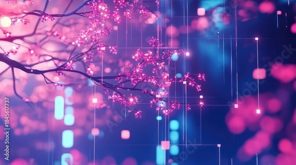 Obraz Cherry blossom branches illuminated by vibrant pink light intertwining with abstract glowing lines and squares, symbolizing the fusion of nature and advanced technology in a futuristic setting