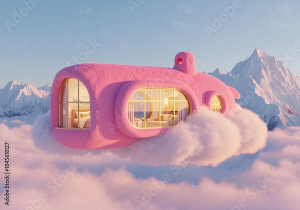 Fototapeta Surreal pink dream house floating on a cloud with a cozy interior in a fantasy mountain landscape.