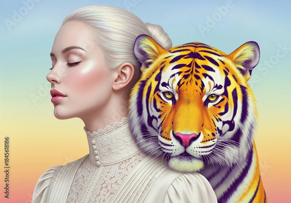 Fototapeta Fantasy portrait of a beautiful serene woman with a majestic tiger on her shoulder, symbolizing inner strength.