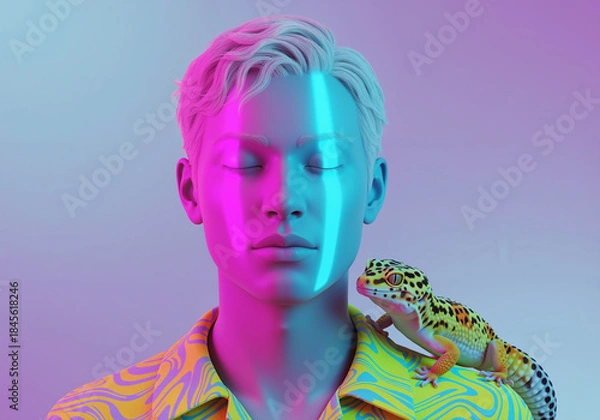 Fototapeta Surreal portrait of a person with a leopard gecko under vibrant pink and blue neon light.