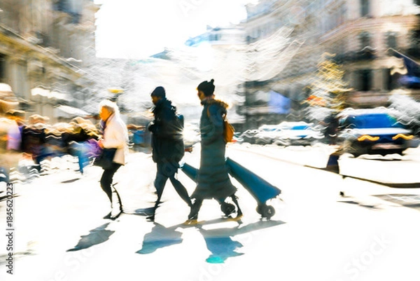 Obraz Postmodernism style, artistic motion of people with shopping bags crossing Oxford Circus junction at sunny day. London