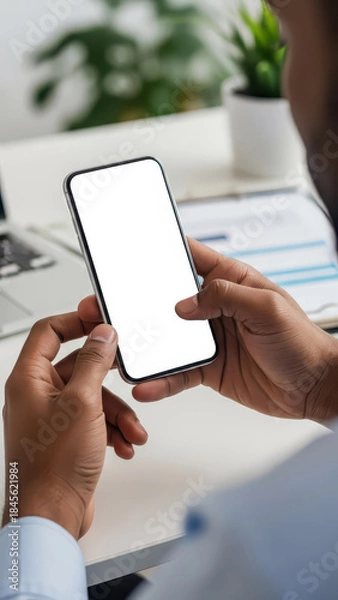 Obraz Black man hands using smartphone mockup in office, mobile phone screen for business communication and social media