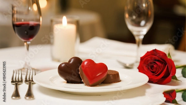 Obraz Romantic table setting with chocolates and wine