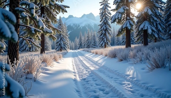 Fototapeta Winter landscape with snowy forest and mountain backdrop, featuring a path with footprints under sunlight

