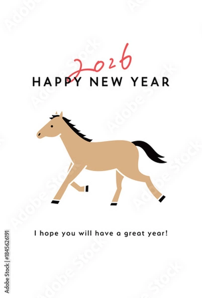 Obraz 2026年午年の年賀状テンプレート　馬　イラスト　うま年　シンプル　デザイン　年賀　かわいい　はがき