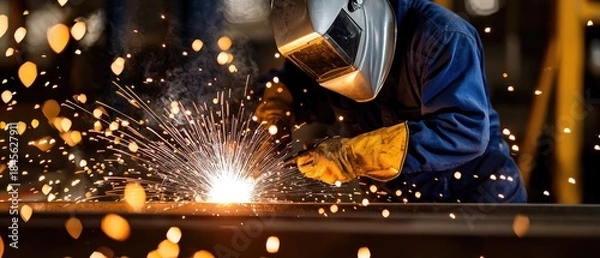 Fototapeta Welder in mask working on metal with sparks flying in a dark factory setting during industrial project