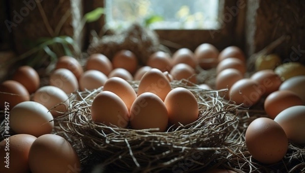 Fototapeta Freshly laid eggs in a nest