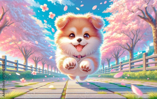 Obraz 満開の桜並木を笑顔でジャンプして走る犬。春イメージ