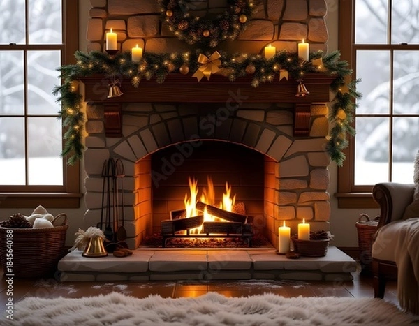 Obraz fireplace with christmas decorations