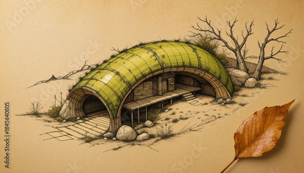 Obraz Eco-futuristic hybrid sketch of a partially sunken shelter house
