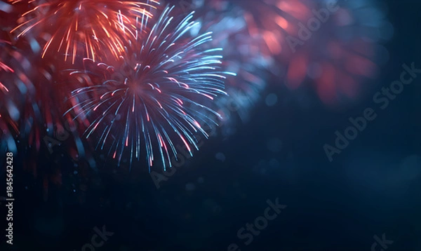 Obraz Red and blue fireworks exploding in the dark night sky. Celebration light show for Fourth of July or New Years Eve holiday background.