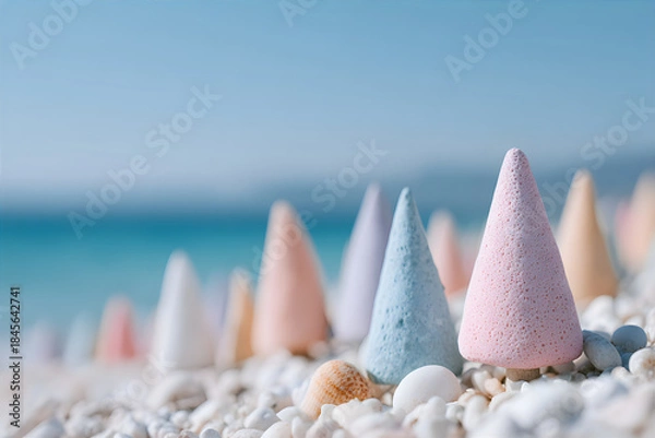 Obraz Colorful cone shapes standing on a white pebble beach with blue sea background. Abstract bew year and christmas vacation concept