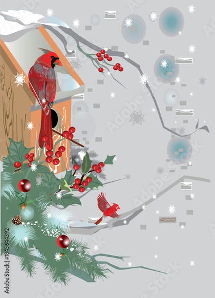 Obraz Christmas greeting card. Hand drawn vector Illustration of the snowy birdhouse decorated with a New Year's garland and cardinals.