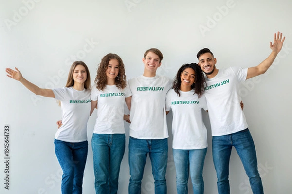 Fototapeta A group of smiling millennial volunteers stands together against a light wall, showing enthusiasm and readiness for their charity work. They wear matching t-shirts and embrace positivity.