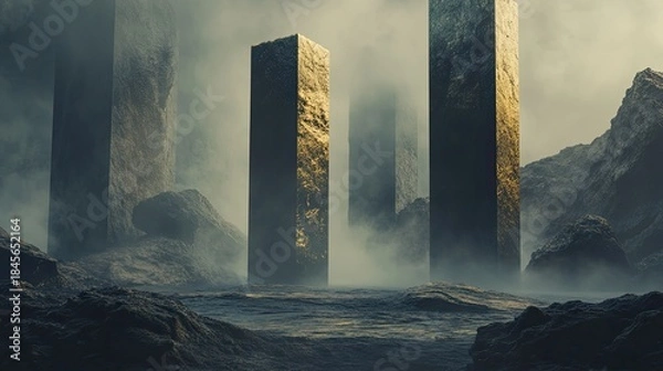 Fototapeta Tall golden faced ancient structures emerging from an atmospheric, mysterious terrain, depicting exploration, unknown worlds, and a sense of wonder in a desolate environment