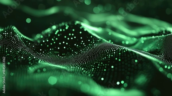 Obraz Data points forming an abstract green wave across a digital surface, visualizing flowing information, global connectivity, technology infrastructure, and future innovation