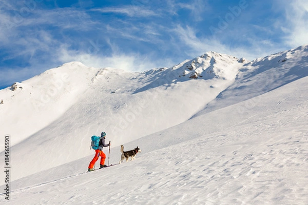 Obraz Młody człowiek na nartach backcountry, pod górę na górze, z