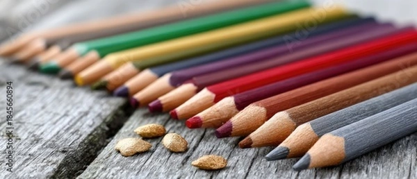 Obraz Colored pencils arranged in vibrant order on a rustic table, creating a visually appealing scene with ample copy space for creative projects