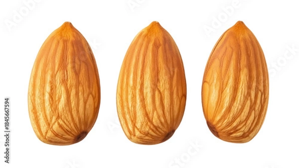Fototapeta Three almonds isolated on transparent background PNG, healthy snack food with natural texture and brown color for culinary and nutrition concepts