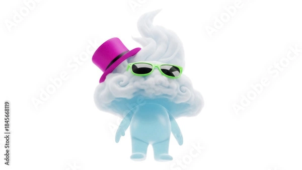 Fototapeta Whimsical cloud character with hat and sunglasses PNG isolated, cute cartoon mascot on transparent background for design and decoration
