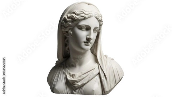 Fototapeta Elegant marble bust of a woman isolated PNG, classical sculpture on transparent background for art history and design projects