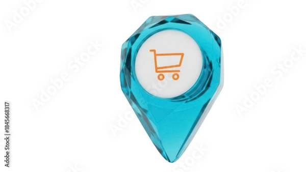 Fototapeta Teal shopping cart map pointer PNG isolated on transparent background, location pin for online store and retail business
