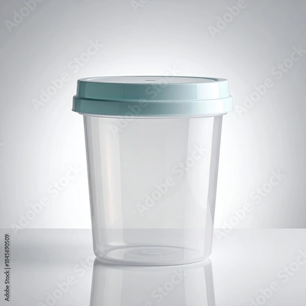 Obraz Cylindrical, clear plastic container with light blue lid. Studio shot